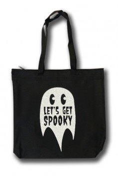 LETS GET SPOOKY Glitter Ghost Zippered Tote Bag